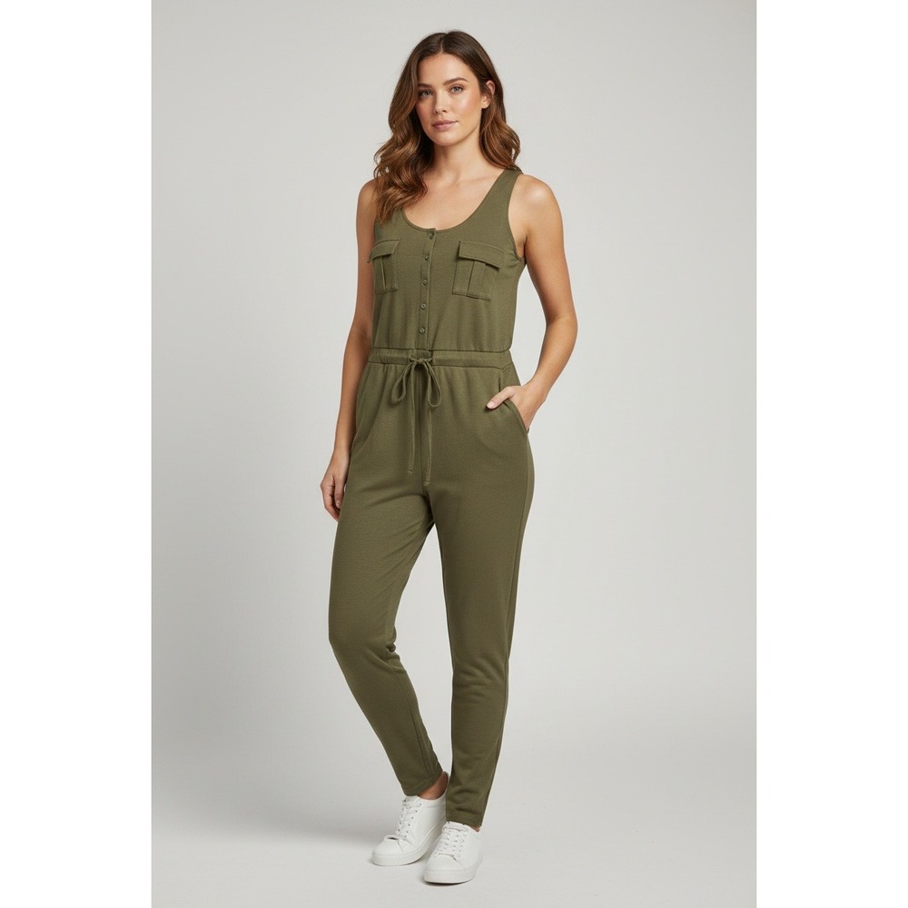 Venus Women Moss Green Utility Knit Sleeveless Jumpsuit Size M Button Front